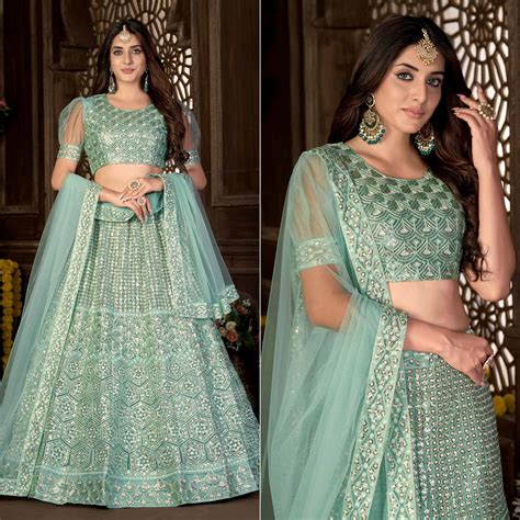 Sea Green Sequins Embroidered Netted Lehenga Choli