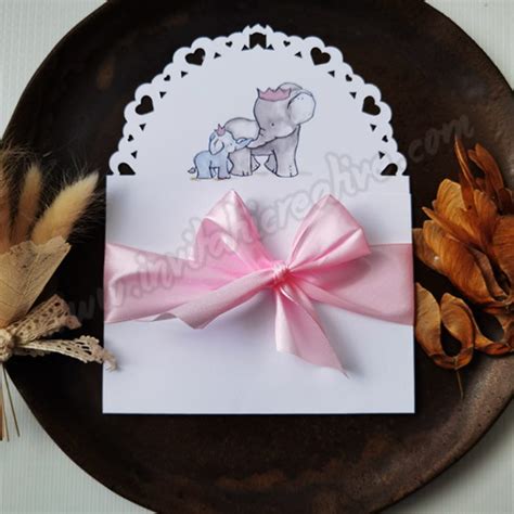 Invitatie De Botez Watercolor Cu Mama Si Bebe Elefant