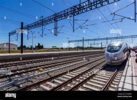 The high speed train arriving at the Figueres Station in Spain Stock ...