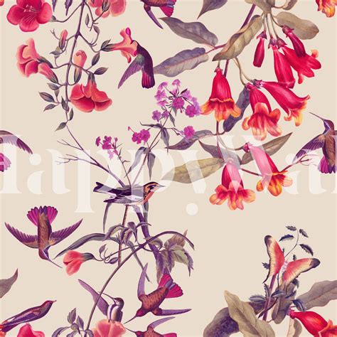 Cheerful Floral Hummingbirds Wallpaper - Buy Online at Happywall