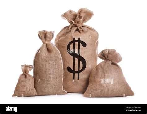 Burlap Bags And One With Dollar Sign On White Background Stock Photo