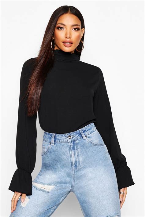 Womens Black Ruffle Neck And Cuff Blouse Boohoo Uk