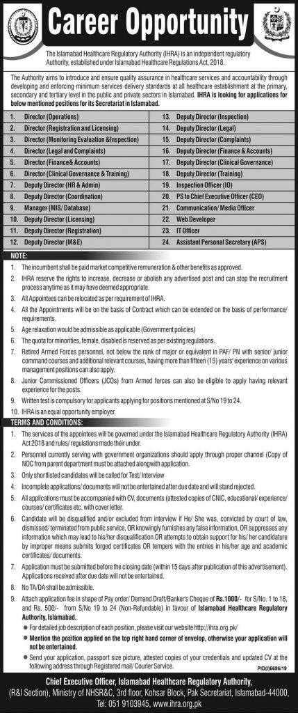 The Islamabad Healthcare Regulatory Authority Ihra Jobs 2020 Latest