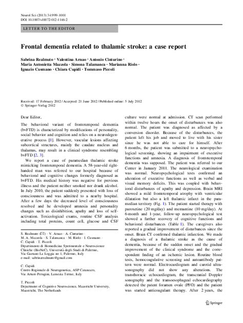 Pdf Frontal Dementia Related To Thalamic Stroke A Case Report