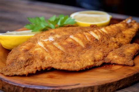 Hay un plato de pescado con una cuña de limón en una placa de madera