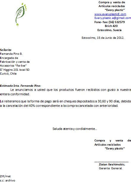 Carta Comercial De Recepcion