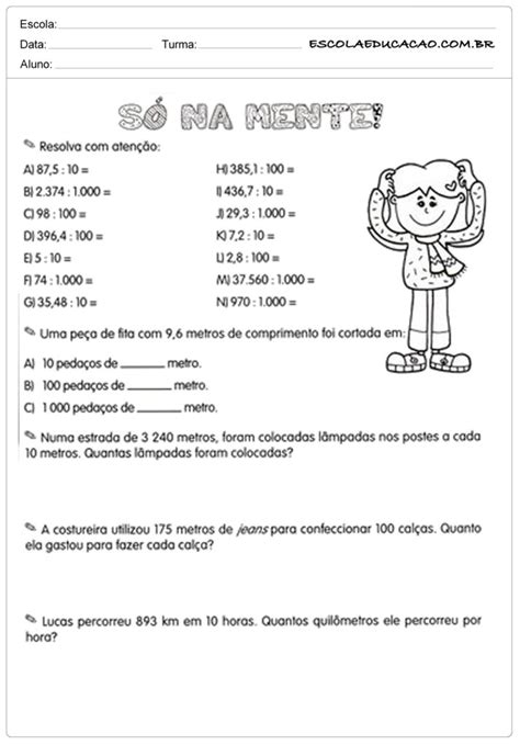 Atividades com números decimais 5º ano - Atividades Educativas - Escola