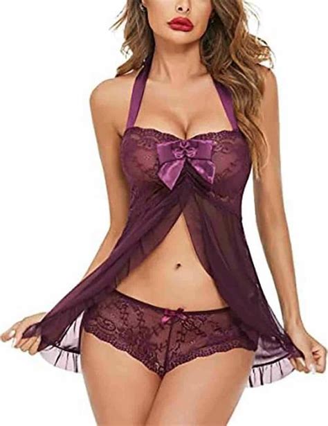 Buy ZXS STYLE Women Wine Lace Babydoll Lingerie Set Online At Best