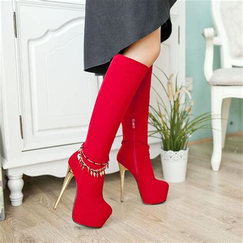 Sexy Red Mid Calf High Heel Platform Boots On Luulla