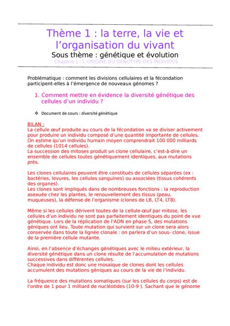 G N Tique Et Volution Th Me La Terre La Vie Et Lorganisation