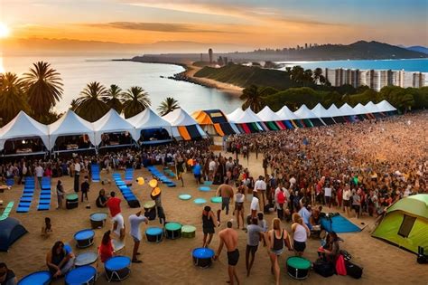 Premium Photo A Crowd Of People Are Gathered At A Beach With A Sunset