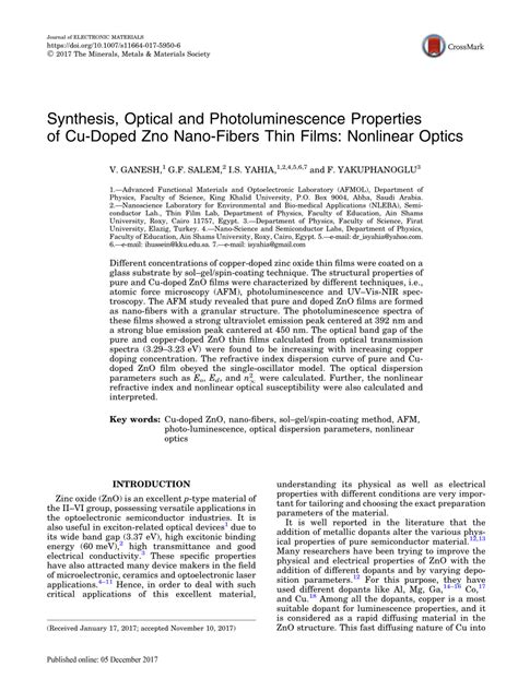 PDF Synthesis Optical And Photoluminescence Properties Of Cu Doped