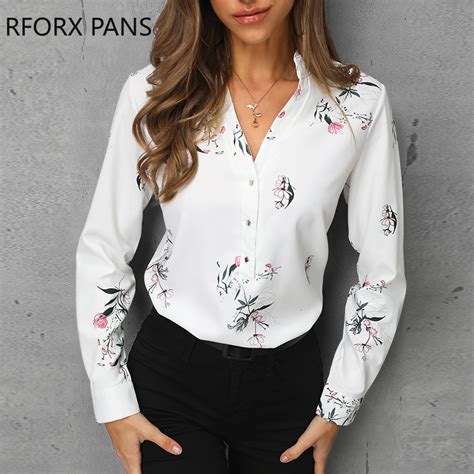 Impressão floral de manga comprida camisa casual feminino topos chiffon