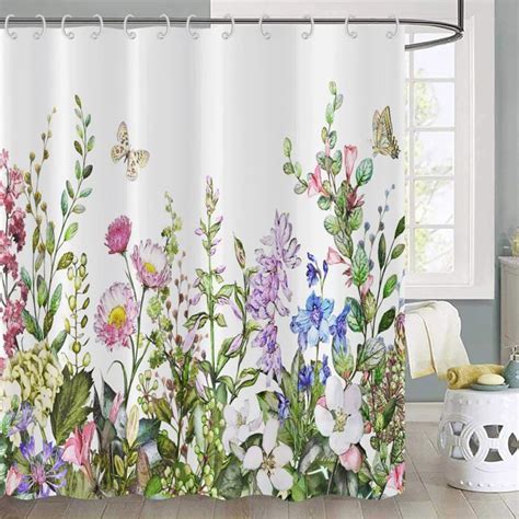 Rideau De Douche Fleurs 180X220 Fleurs Colorées Feuilles Vertes Rideau