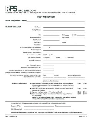 Fillable Online Pilot Application Rps Imc Balloon Fax Email Print