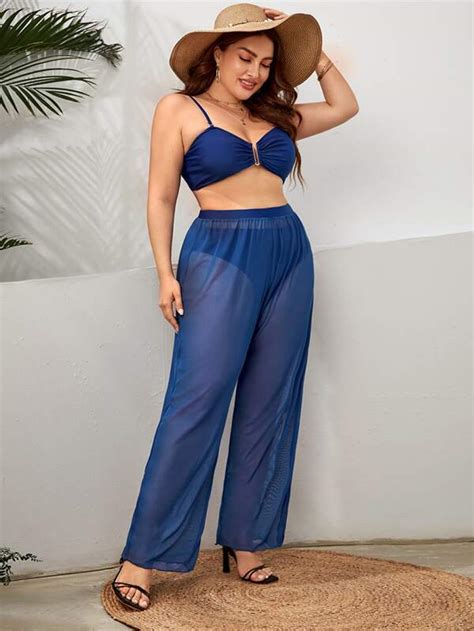 Plus Plain Ruched Bikini Swimsuit With Cover Up Pants Shein Usa