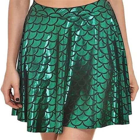 Skirts Hde Womens Shiny Mermaid Fish Scale Mini Flared Pleated Skirt