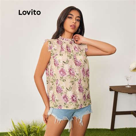 Lovito Casual Floral Pattern Lettuce Trim Blouse For Women LBA05091