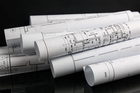 Roll of Paper Architectural Drawings and Blueprint. Stock Photo - Image ...