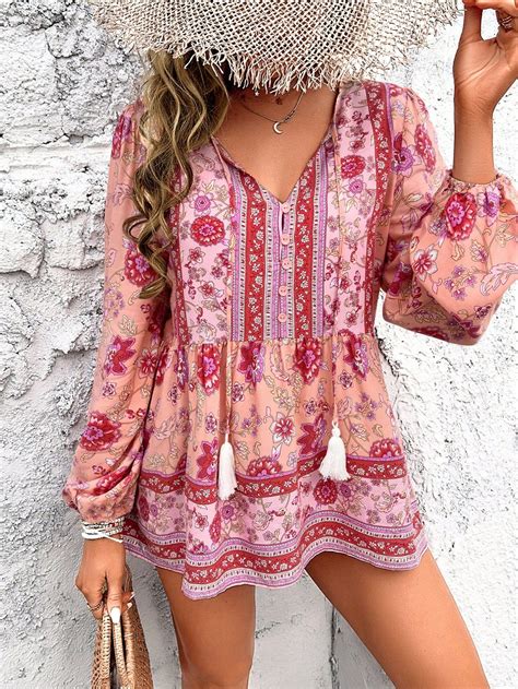 Flower Print Lantern Sleeve Blouse In 2024 Long Sleeve Tops Lantern