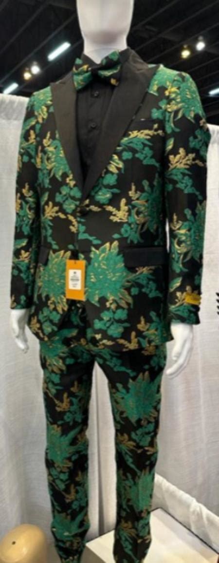 JA63165 Green And Gold Paisley Suit Emerald Green Tuxedo W