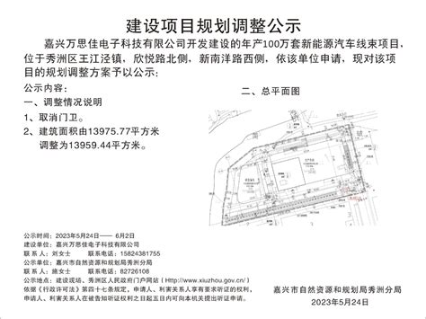 嘉兴万思佳电子科技有限公司申请年产100万套新能源汽车线束项目生产车间、研发车间、门卫项目调整公示