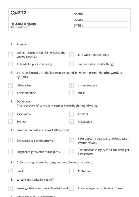 50 Figurative Language Worksheets For 6th Grade On Quizizz Free