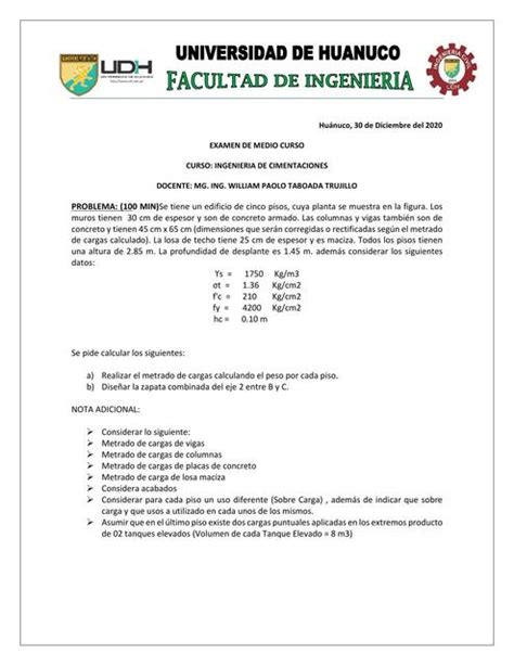 Examen De Medio Curso Ingenier A De Cimentaciones Plantillas De Excel