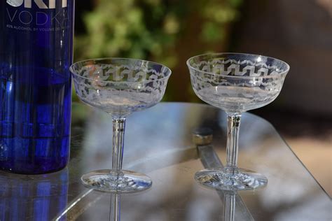 6 Vintage Needle Etched Crystal Cocktail ~ Martini Glasses ~ Fostoria ~ 1904 ~ Nick And Nora