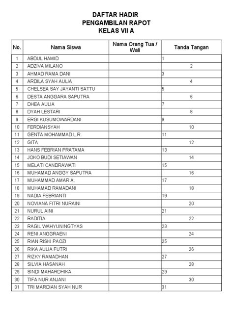 Daftar Hadir Pengambilan Raport Pdf