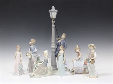 Seven Lladro Porcelain Figures Including Lamplighter No 5205 Height