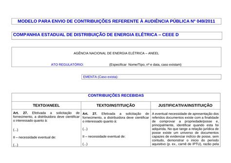 PDF MODELO PARA ENVIO DE CONTRIBUIÇÕES REFERENTE À modelo para