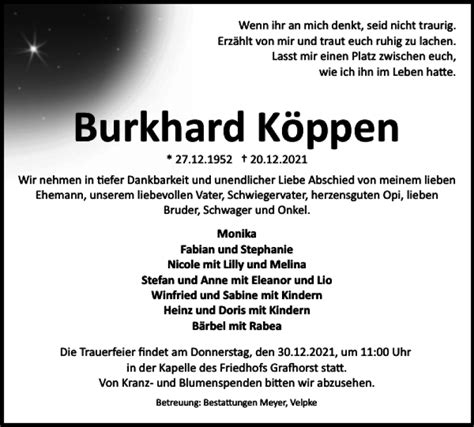 Traueranzeigen von Burkhard Köppen trauer38 de