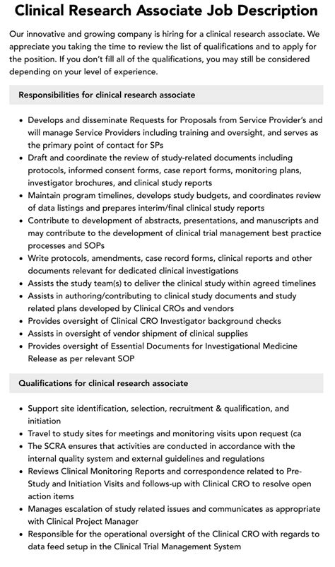 Clinical Research Associate Job Description Velvet Jobs