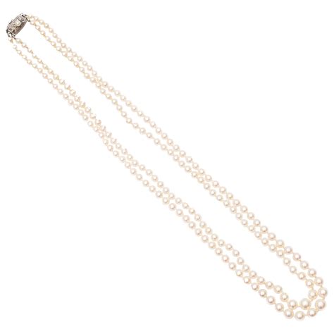 3-Strand Pearl Necklace with Diamond Gold Double Clasp at 1stDibs