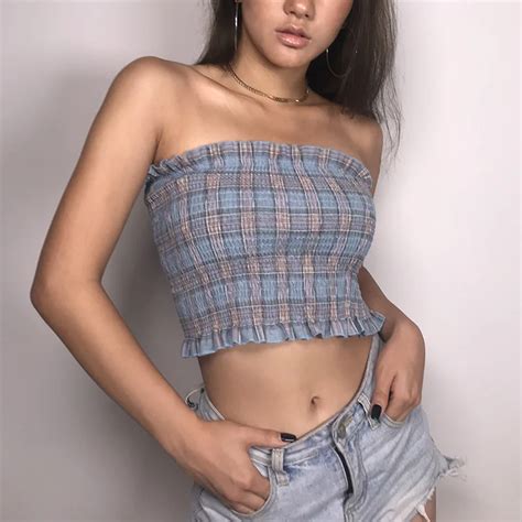 Liva Intimates Sexy Strapless Plaid Tube Top Ruched Elastic Boob