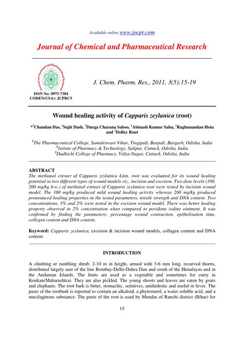 Pdf Wound Healing Activity Of Capparis Zeylanica Root