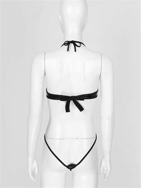 Sexy Womens Patent Leather Erotic Lingerie Bodysuit Punk Gothic Halter Neck O Ring Lingerie With