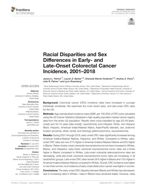 Pdf Racial Disparities And Sex Differences In Early And Late Onset Colorectal Cancer