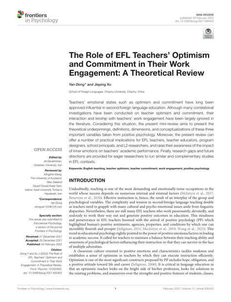 Pdf The Role Of Efl Teachers Optimism And Commitment In Their Work