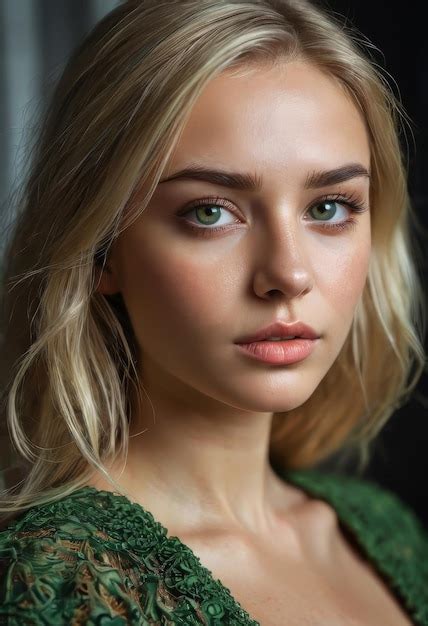 Premium Photo A Woman With Blonde Hair And Green Eyes Wearing A Green Dress