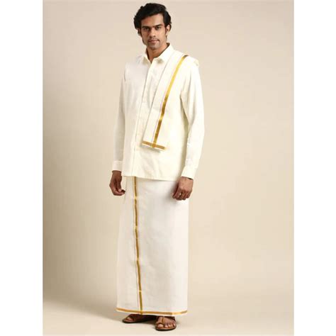 Mens Wedding Set Cream Regular Dhoti Shirt Towel Arathi 1 2 Send