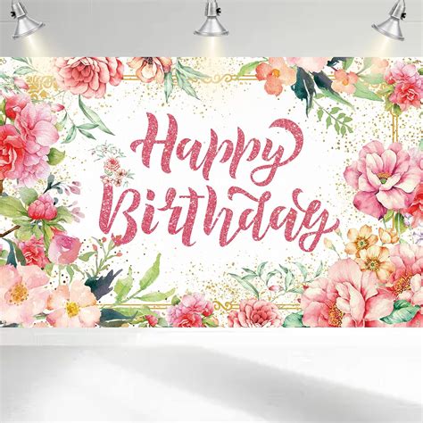 Happy Birthday Banner Backdrop For Girls Large Pink Watercolor Flowers