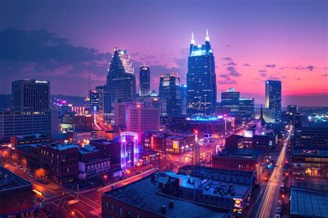 Nashville Skyline at Dusk with Vibrant City Lights and Iconic Landmarks ...