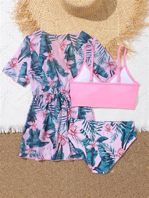 Tween Girl Tropical Print Bikini Swimsuit With Kimono Shein Uk