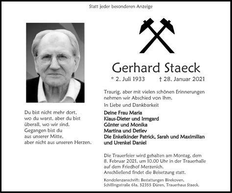 Traueranzeigen Von Gerhard Staeck Aachen Gedenkt