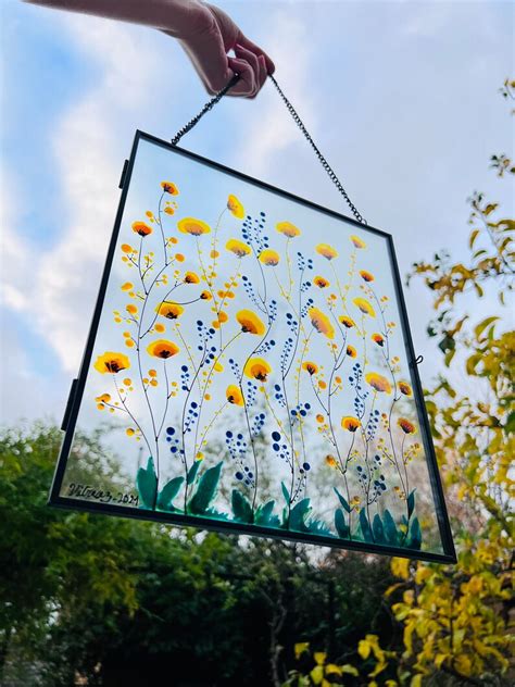 Framed Glass Painting Of Pressed Flowers Herbarium Stained Etsy