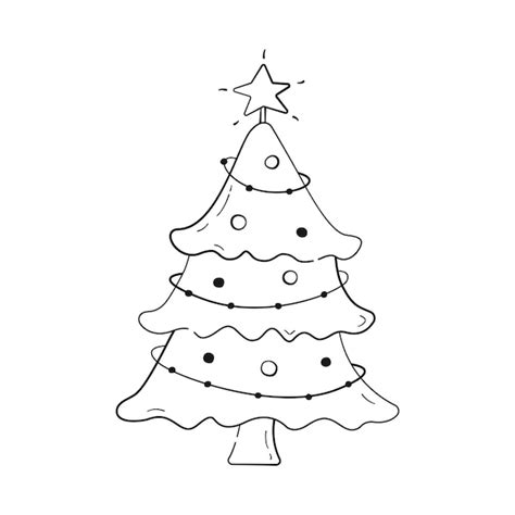 Premium Vector | Christmas tree with star garland and decorations in black linear drawing style