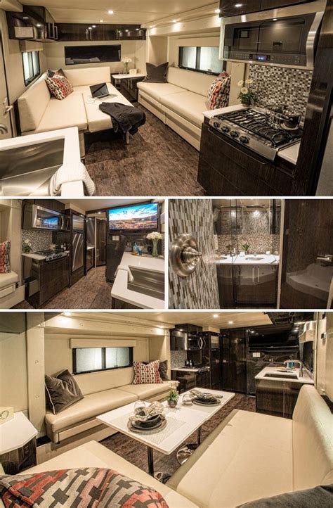 The Inside Of A Motor Home With Couches Tables And Other Items In It