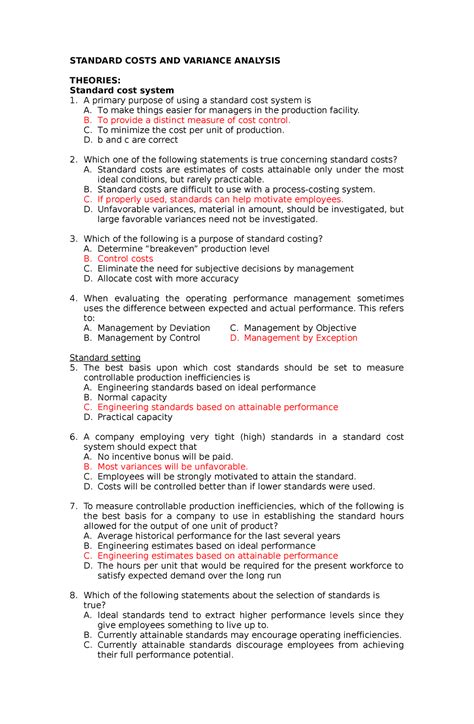 Standard Costs And Variance Analysis Standard Costs And Variance Analysis Theories Standard